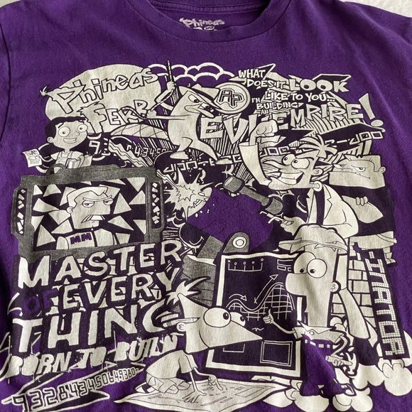 Phineas and Ferb Graphic T-Shirt Size XXL 18 Purple Master Everything Cartoon - Picture 7 of 8